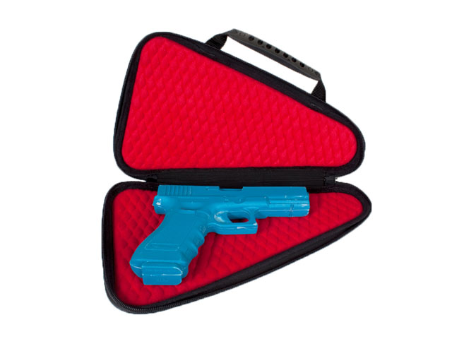 Thermal formed Ethylene Vinyl Acestate pistol storage case with plastic handle and memory foam interior