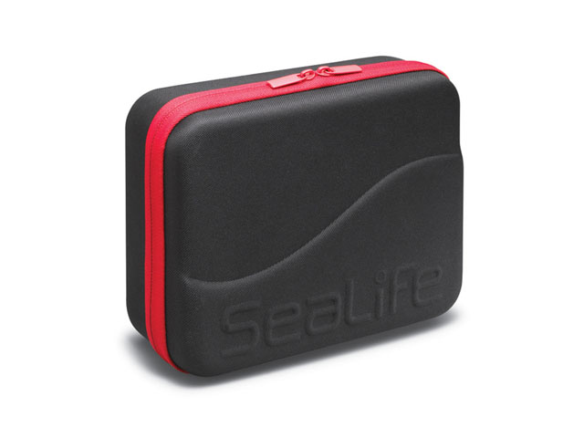SeaLife go pro open travel case nylon coated clamshell with red zipper to hold dive camera and lights