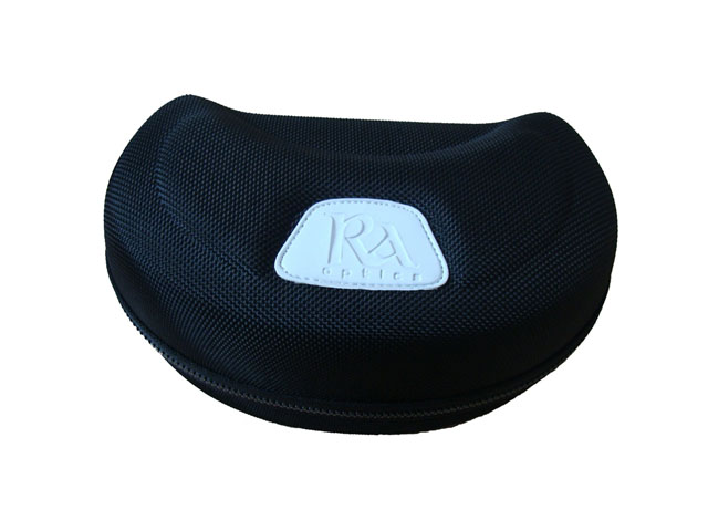 RA Optics thermal formed EVA ski goggle protector case with plastic zipper closure and leather stamping logo