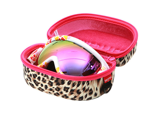 XXL STYLE ski goggle storage case leopard design fabric covering with plastic D ring