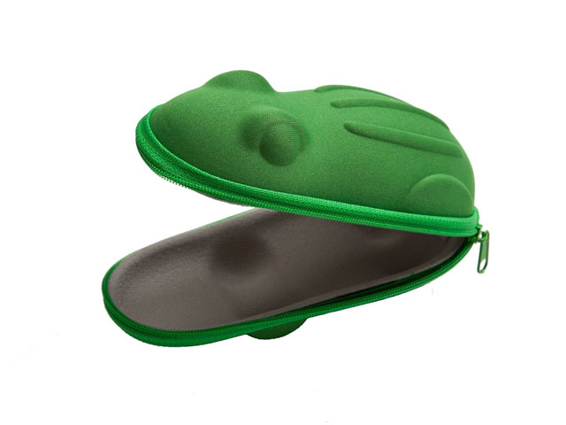 SUNPROOF Hard shell EVA swimming goggle case for kids cute green frog shaped with velvet lining same colored zipper