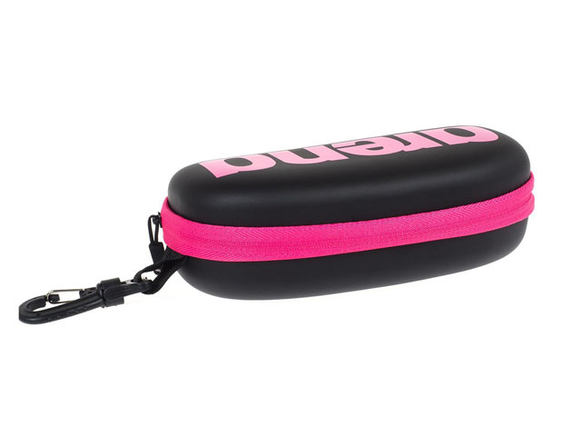 ARENA EVA swim goggle organizer case with black leather coated silk printing logo and durable carabiner clip drainage hole