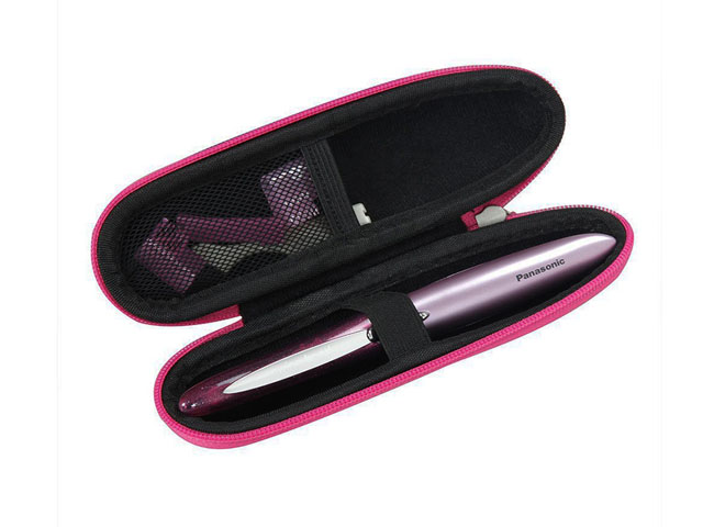 Molded EVA Hair Eyebrow Trimmer case with pink waterproof nylon coated elastic band and mesh pocket inside compact and slim design