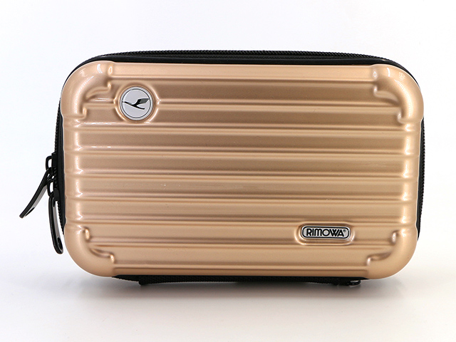 Makeup case with brush compartment in golden champagne color