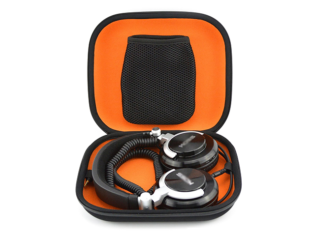 Molded over ear headphone case smooth Nylon with orange velvet lining velcro mesh pocket